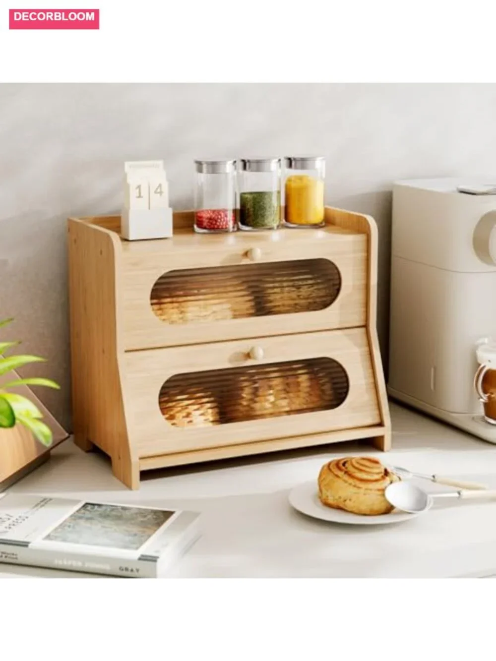 Extra Large 2-Tier Bamboo Bread Box with Magnetic Acrylic Door